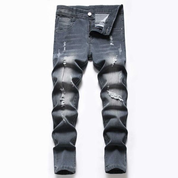 men's medium and large children's elastic grey straight tube perforated jeans trousers, Blue
men's medium and large children's elastic grey straight tube perforated jeans trousers, Blue