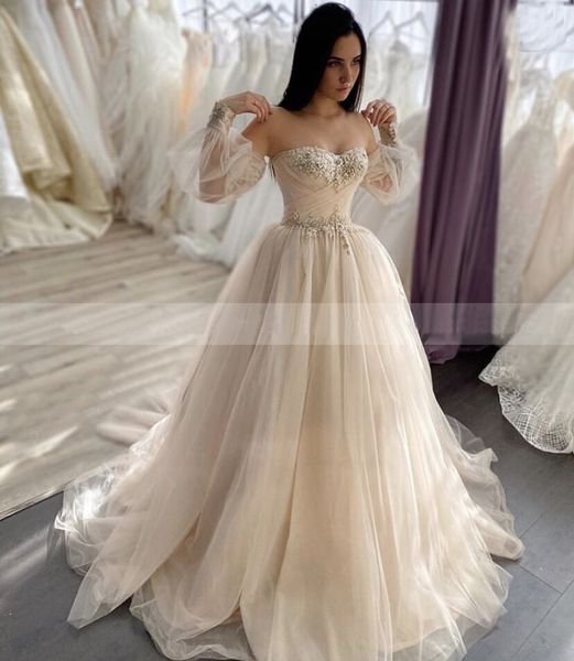 light champagne tulle wedding dress with detachable long sleeves lace appliques bridal dresses sweep/brush train custom made, White
light champagne tulle wedding dress with detachable long sleeves lace appliques bridal dresses sweep/brush train custom made, White