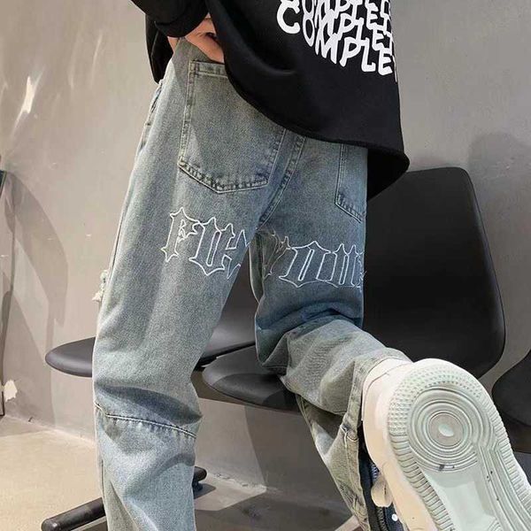 letter embroidered jeans men's spring american hip hop hiphop loose straight pants trousers with broken holes, Blue
letter embroidered jeans men's spring american hip hop hiphop loose straight pants trousers with broken holes, Blue