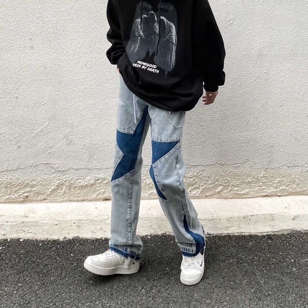 trendy patchwork color contrast jeans hip-hop china-chic loose washable splicing pentagram trousers personality straight men, Blue
trendy patchwork color contrast jeans hip-hop china-chic loose washable splicing pentagram trousers personality straight men, Blue