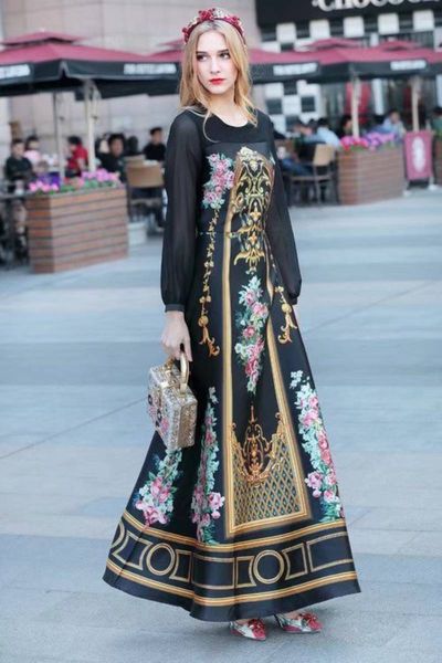 ladies dress spring and summer palace style runway model fashion round-necked printed long-sleeved skirt, Black
ladies dress spring and summer palace style runway model fashion round-necked printed long-sleeved skirt, Black
