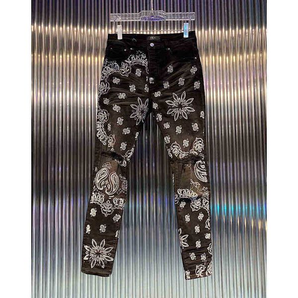new high street fashion brand amirs washed black cashew flower print hole slim fit small foot jeans men, Blue
new high street fashion brand amirs washed black cashew flower print hole slim fit small foot jeans men, Blue