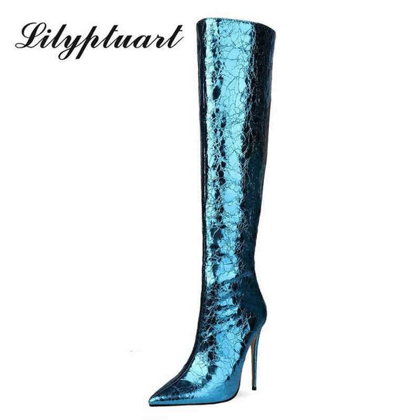 boots european and american fashion be toe needle heel blue back zipper long tube women winter dij high 220901, Black