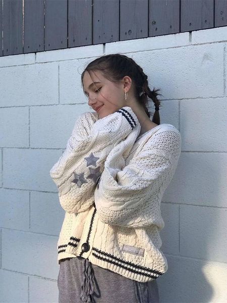 Winter Loose Knitted Cardigans Coat Women Star Embroidery Y2K Sweaters Streetwear Vintage Casual Single Breasted Long Sleeve Top dongdumaoyi