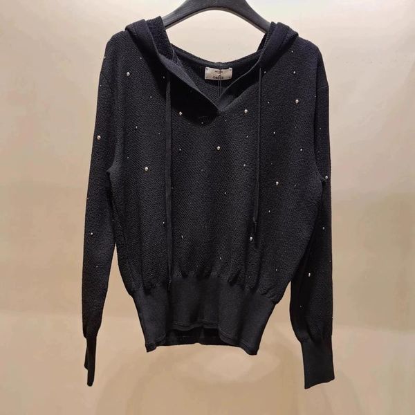 Women's Sweaters Slimming Knitwear Casual Dstring Hooded Rhinestone Simple Match All Autumn OBZ 24 Original Korean Single Ladies Sweater