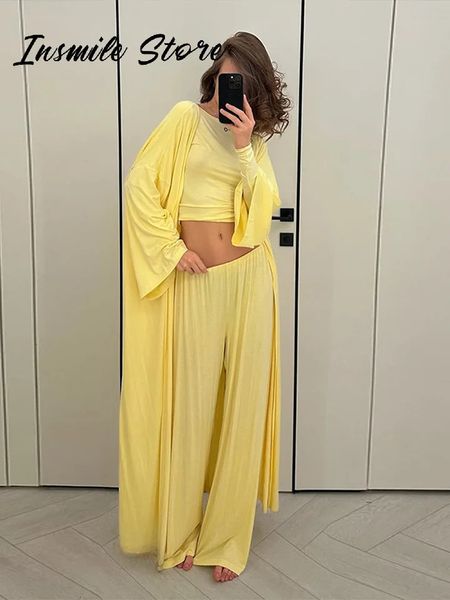 Casual Solid Women 3 Pieces Suits Vneck Long Coats Oneck Slim Top Wide Leg Trousers Spring Summer Fashion Female Sets