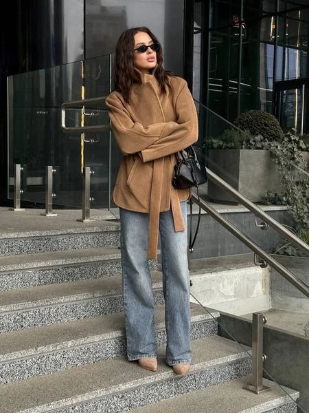 Lace Up Waist Cinching Trench Coat Woman Solid Colour Lapel Long Sleeves Loose Casual Jackets Street Versatile Women's Jacket