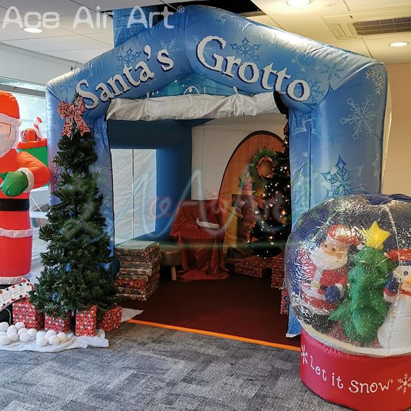 Inflatable Christmas Tent Santa's Grotto Blue Custom Christmas Snow House with Printed Snowman Fireplace for Gift Distribution