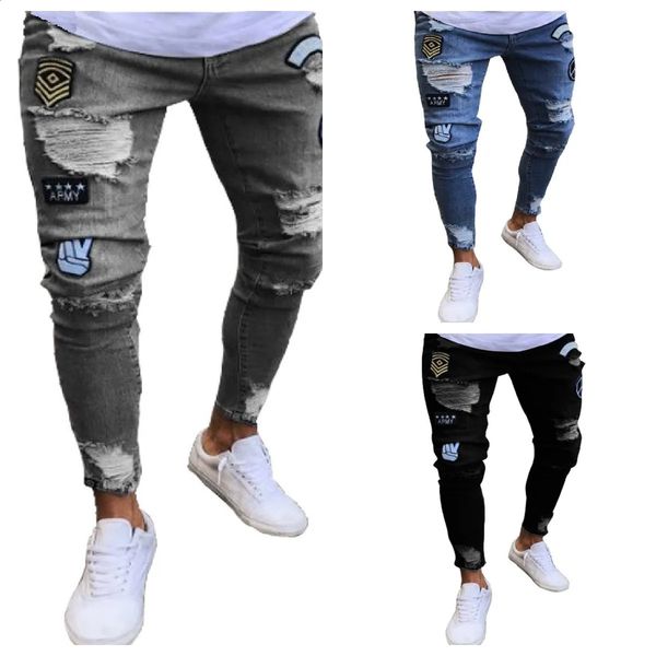 Men's Stretchy Ripped Skinny ed Jeans White Pants Destroyed Hole Slim Fit Denim High Quality Hip Hop Men trousers
