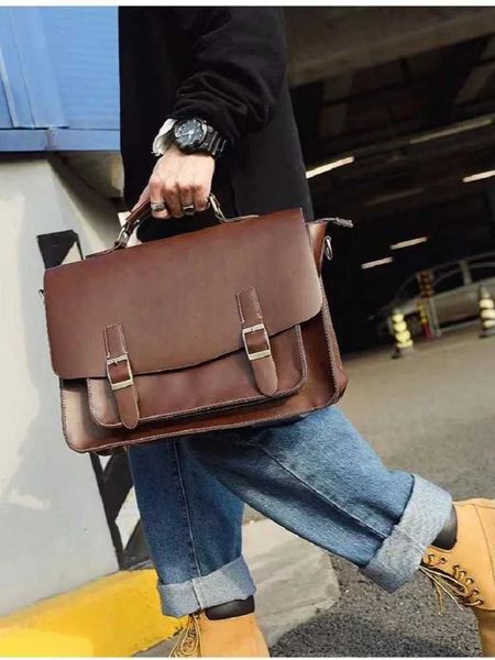Vintage Leather Briefcase For Men Large Capacity Tote Handbag Laptop Bag Casual…