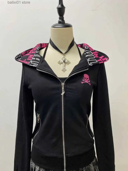 Hoodies Women Clothes Winter 90s Vintage Sweatshirt Gothic Zip Up Hoodie Skull Slim Long Slves Tops Aesthetic Y2k Jacket Hoody