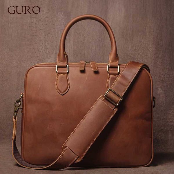 Guro Men Crazy Horse Cowhide Briefcase Luxury Genuine Leather Handbag Simple Li…
