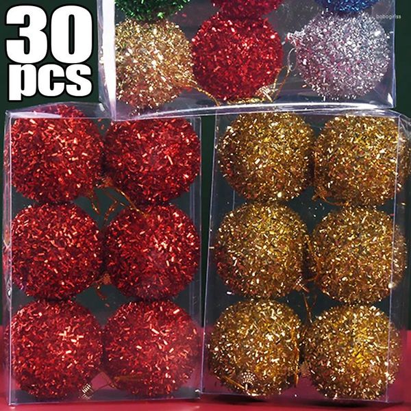 Party Decoration 30/6pcs Sparkling Red Gold Glitter Christmas Ball For Xmas Tree Ornaments 6cm Color Ribbons Warpping Balls Home Decor
