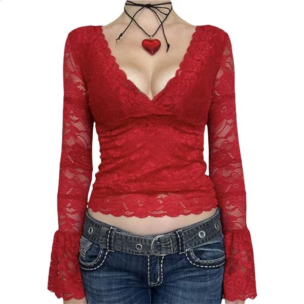 Lace Top y2k Clothing Women See Through V Neck Long Sleeve T Shirt Grunge Fairy Aesthetic Clothes 2000s Streetwear 250916BJ