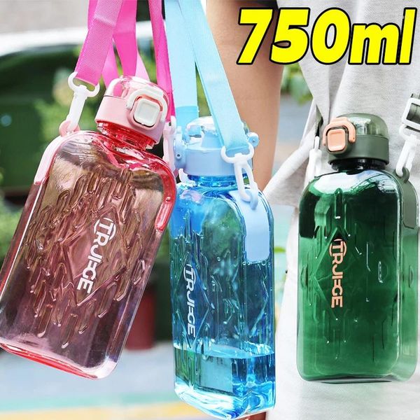 Water Bottles Flat Square Transparent Bottle Portable Travel Canteen With Adjustable Straps For Gym Sport Camping Outdoor
