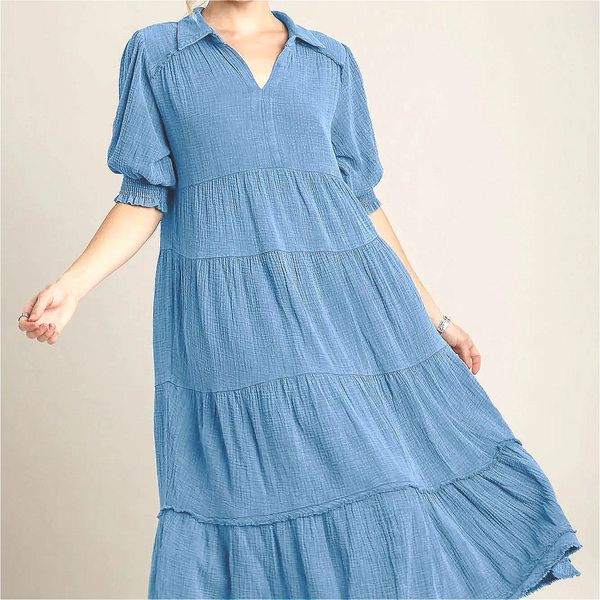 556 American Fashion Comfortable Mid Sleeve V-Neck Layered Dress for Women