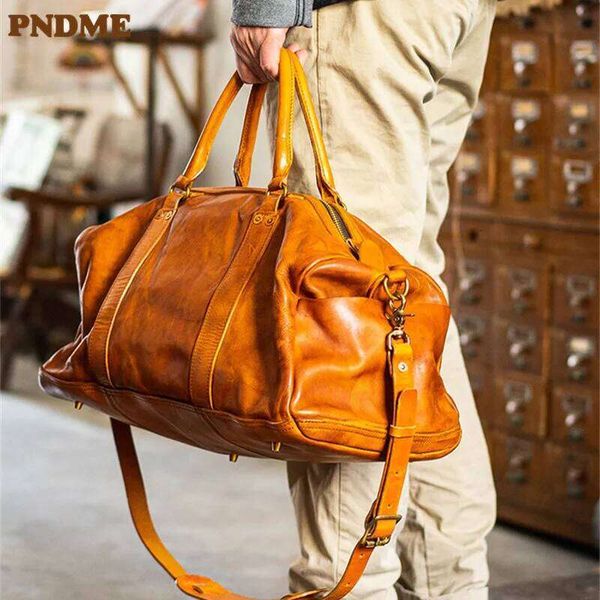 PNDME Fashion Vintage Genuine Leather Men's Large-Capacity Travel Bag Organizer Handmade First Layer Cowhide Handbags Mdng916