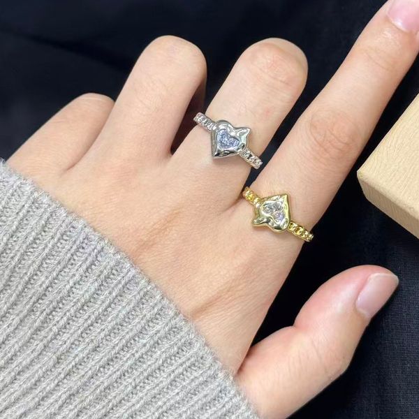 Gold - Toned Heart - Shaped Open Ring With Rhinestone & Textured Band Delicate Daily & Sweet Jewelry Gift For Her High - Quality And Stylish Accessory