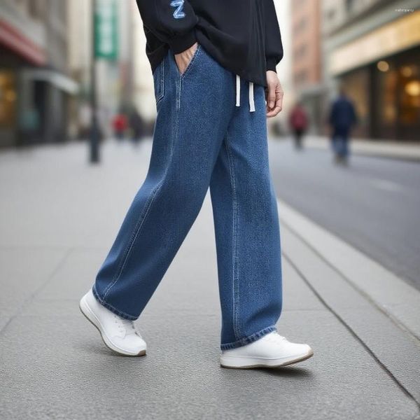 Men's Jeans Summer Denim Pants With Drawstring Retro Washed Straight Leg Casual Loose Wide Fashion