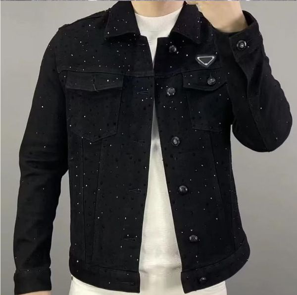 Autumn Windproof Jacket Designer Mens Black Denim Jackets Full Rhinestone Trend…