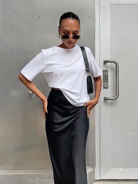 Elegant Satin Black Trumpet Skirts Fashion Slim High Waist Skirt Female Solid Office Long Spring Summer