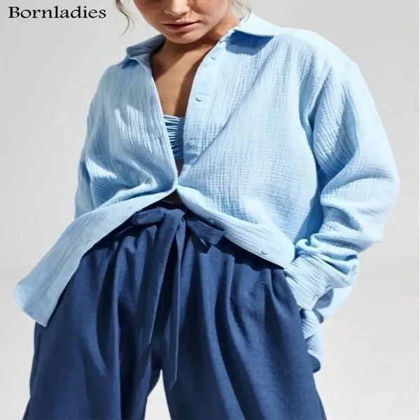 Bornladies Women's Spring Summer 100 Cotton Shirts Office Lady Fashionable Solid Long Sleeve Loose Tops Crepe