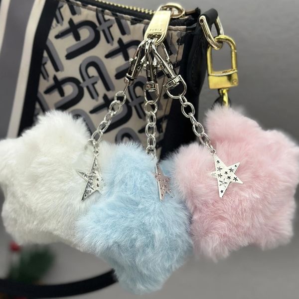 3 Colors Fluffy Plush Star Charms Keychain Y2K Faux Rabbit Fur Pompons Car Keyring Bag Ornament Key Holder Fashion Gifts 250919BJ