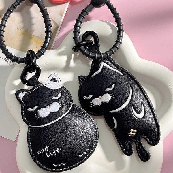 Cool Black Slacker Cat Leather Keychain Edgy Minimalist Couple Set Cute Bag Charm Unique Niche Gift for Cat Lovers Z250920