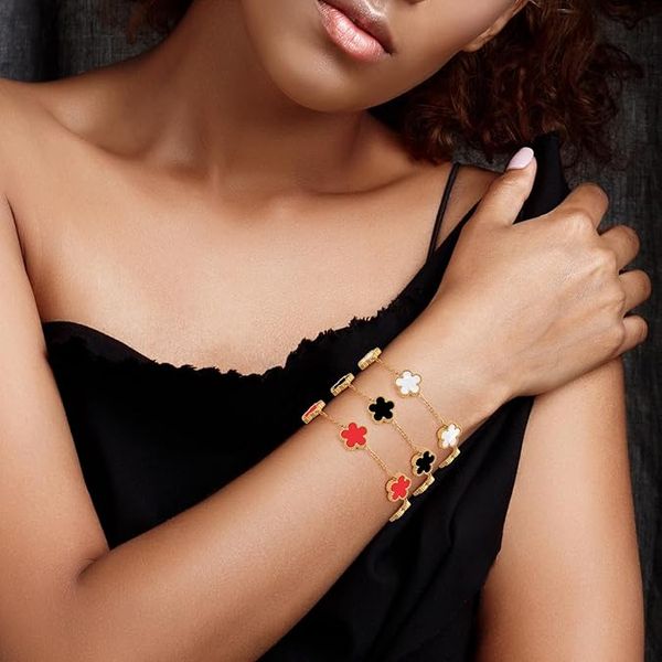 18K Gold Plated Bracelets Set for Women Four Leaf Clover Cute Trendy Lucky Bracelet (Adjustable) Gold Jewellery for Women Birthdays Holidays Gifts 3pcs
