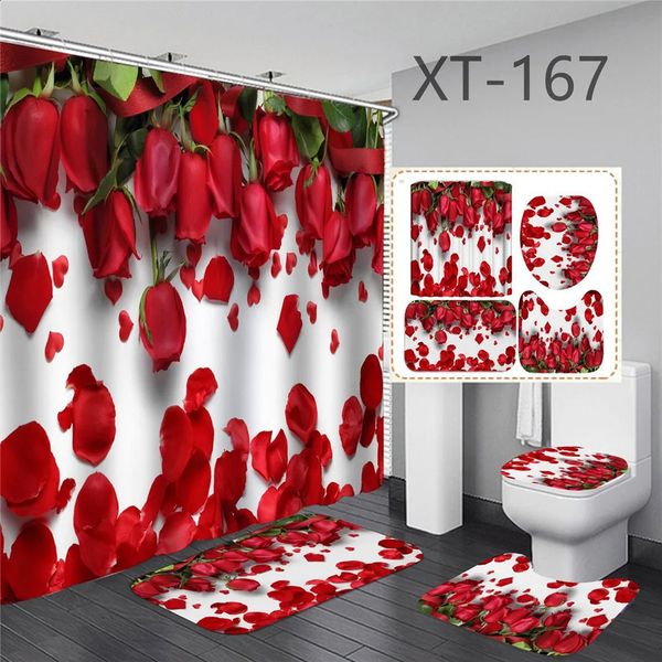 3d Digital Printing Red Rose Flower Shower Curtain Waterproof Polyester Landscape Curtains Bathroom Shower Curtain And Rug Sets 240902