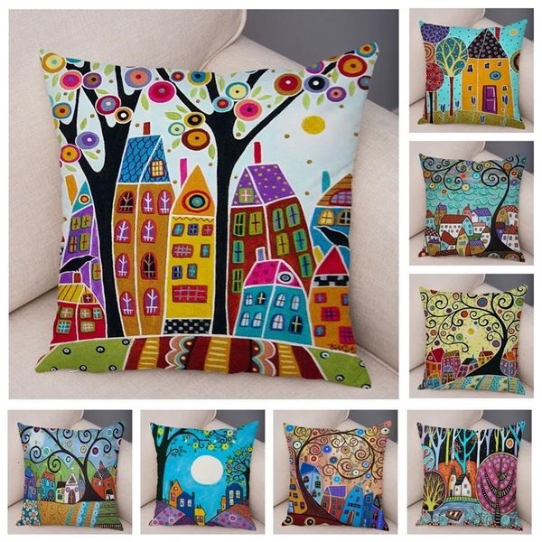 Cushion Decorative Pillow 45x45cm Retro Rural Color Cities Cushion Cover for Sofa Home Car Decor Colorful Cartoon House Case Tree Pillowcase 231011bj