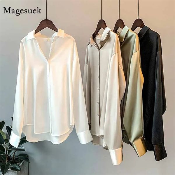 Spring Fashion Button Up Satin Silk Shirt Vintage Blouse Women White Tops Lady Long Sleeves Female Loose Street Shirts