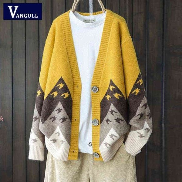 Vangull Animal Print Knitted Women Sweater Cardigans Single Breasted Long Sleeve Cardigans Loose Paper Crane Pattern Sweater