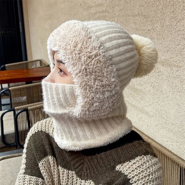 Beanie/Skull Caps Winter Knitted Hats For Women Thick Warm Beanies Hat Scarf Sets Outdoor Windproof Riding Ear Protection Ski Hat 231128