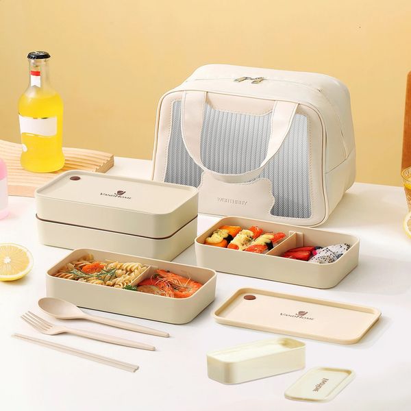 Square Bento Box With Thermal Bag And Sauce Box Sealed Leak-proof Lunch Box Microwave Portable Fruit Food Containers For Kids 240827