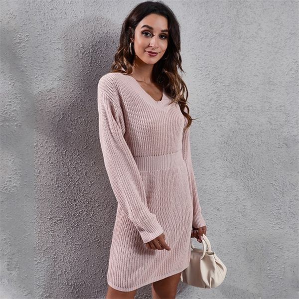Casual Dresses ATUENDO Winter Warm Fashion Pink Dress for Women Vintage Casual High Waist Knitted Sweater Robe Leisure Sexy Slim Soft Dresses