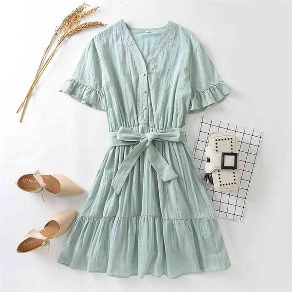 PUWD Sweet Women Soft Cotton V Neck Dress Summer Fashion Ladies College Style Solid Color Female Bow Lace Mini 210522