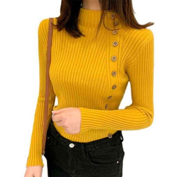 Autumn Ribbed Button Women Sweater Pullovers Cotton Long Sleeve Turtleneck Pullovers Jumpers Spring Soft Comfortable Basic Tops 211109