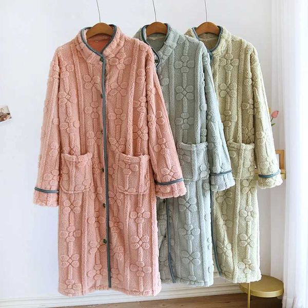 Autumn and Winter 2025 New Womens Nightgown Flannel Sweet and cute Bathrobe Womens Nightdress Stand collar Button Home Dress Z250924