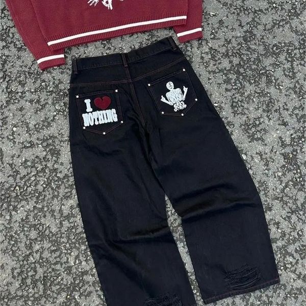 Skull Embroidery Black Jeans Baggy Wide Leg