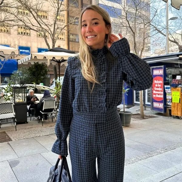 Womens Vintage Plaid Ruffle Hem Button Jumpsuits Single — compare prices at CompareOffers