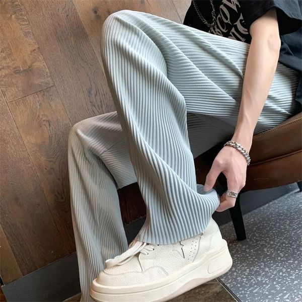 Summer casual pants men's black grey ice silk pants men's Japanese streetwear hip-hop loose straight pants men's pleated pants
