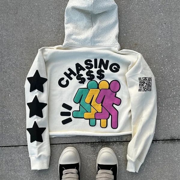 Zipper Oversized Streetwear Hoodies Men Gothic Graphic Printed Sweatshirt Y2K INS Streetwear Unisex Inner Fleece Casual Jackets 240129