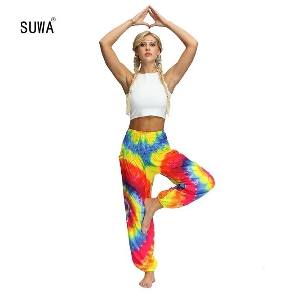 Wholesale Europeans Popular Multicolor Tie Dye Print Elastic Waist Loose Pocket Long Pants High Waist Female Trousers T200618