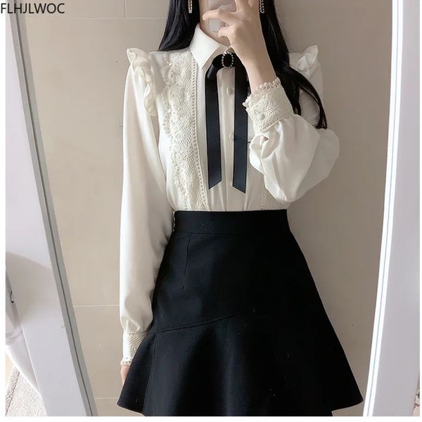 Ruffled Autumn Spring Basic Office Lady Work Wear Women Single Breasted Button Solid Peter Pan Collar Top White Shirts Blouses