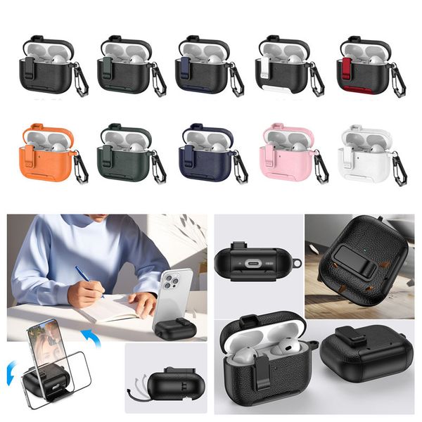 Leather Grain Holder Shockproof Case For Airpods Pro3 Pro2 3gen Airpod Pro 3 2 1 Ear Earphone Hard PC Soft TPU Air Pods 4 Kickstand Protector Cover Carabiner
