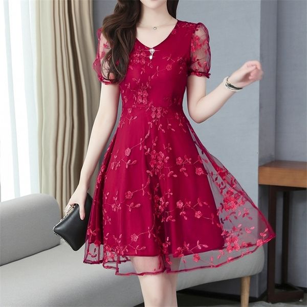 Casual Dresses Lace Summer Dress Women Short Sleeve Floral Elegant Party Dress Female Vestidos Mujer Red Black Dresses Ladies Robe