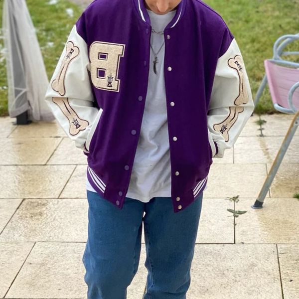 Mens school team bomber jacket Harajuku Korean bone letter patch work hiphop street clothing single Brefreshed baseball neutral college 240829