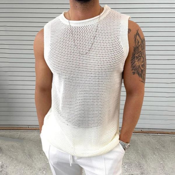 Knitwear Mens Casual Tank Tops Pure Color Hollow Out Vintage Men Knit Camisole Sleeveless O Neck Leisure T Shirt Male Streetwear 828