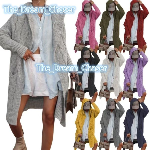 Spring Womens Long Knitted Cableknit Hooded Cardigan Sweater Coat Women